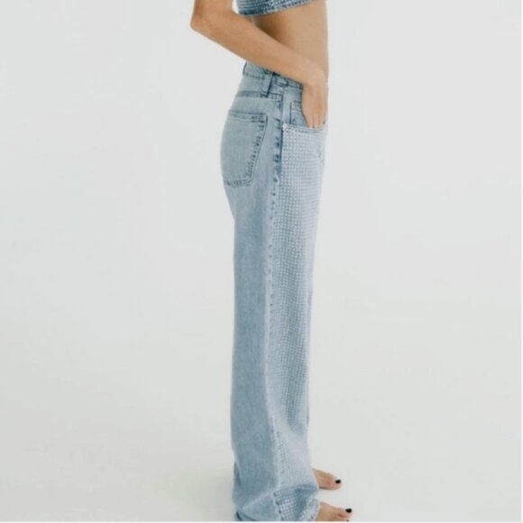 Zara Light Blue Denim Studded Rhinestone Jeans size 2 - Picture 6 of 13
